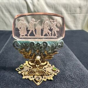 Antique Intaglio Czech Moser Glass Mythological Scene Place Card Holder /Decor